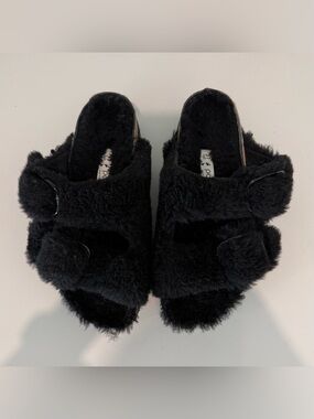 Birkenstock Papillio Black Fuzzy Double-Strap Slide Sandals Slippers